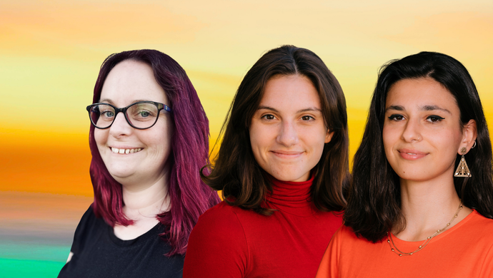 Three women smiling with a colourful background