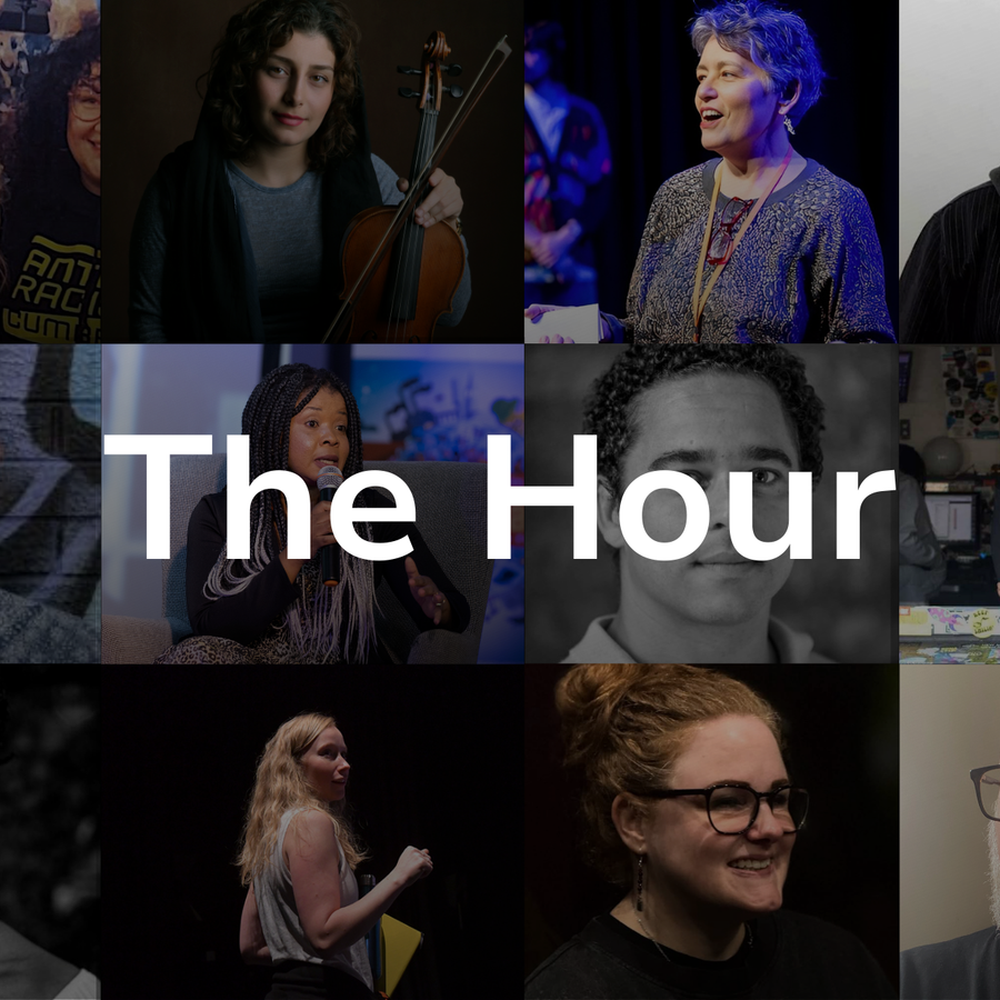 A diverse group of people with the title: 'The Hour'  laid over it.