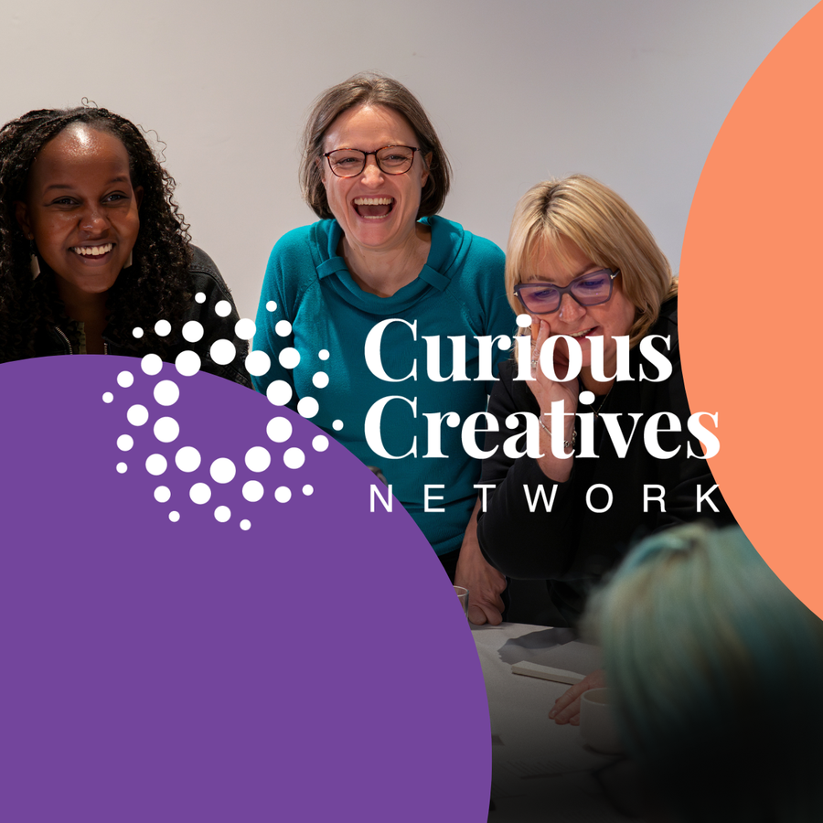 A group of diverse people smiling. Colourful circle graphics are dominating the foreground with the logo for the Curious Creatives Network overlaid everything.
