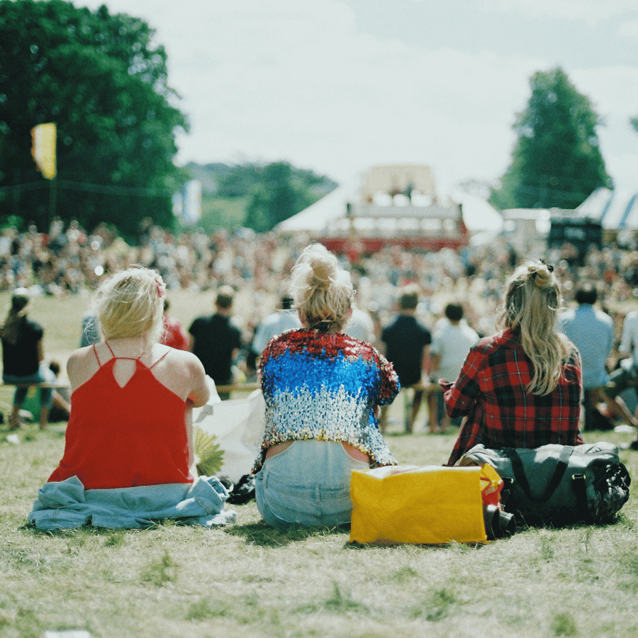A group of people are seated outdoors, on grass, at a music festival. They are facing away from the camera, looking towards a stage.