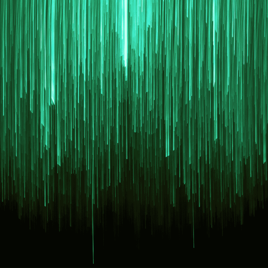 An abstract image of turquoise light strips descending and fading away.